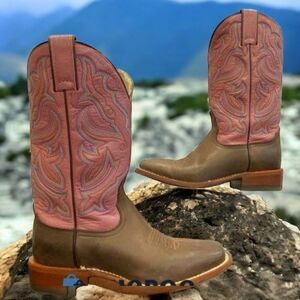 Nocona Burnished Choc. Cow/Pink Goat Leather Square Toe Western Boot Women 6.5B